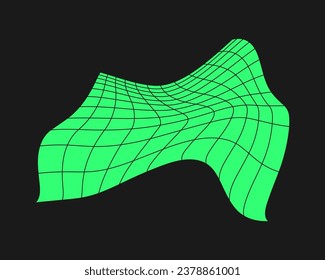 Distorted cyber grid. Cyberpunk geometry element y2k style. Isolated green mesh on black background. Vector fashion illustration.