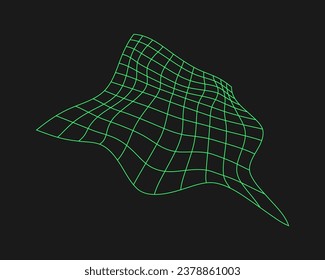 Distorted cyber grid. Cyberpunk geometry element y2k style. Isolated green mesh on black background. Vector fashion illustration.