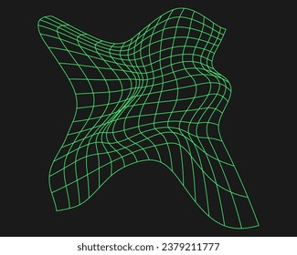 Distorted cyber grid. Cyberpunk geometry element y2k style. Isolated green mesh on black background. Vector fashion illustration.