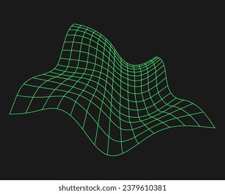 Distorted cyber grid. Cyberpunk geometry element y2k style. Isolated green mesh on black background. Vector fashion illustration.