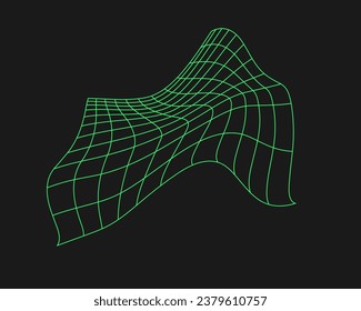 Distorted cyber grid. Cyberpunk geometry element y2k style. Isolated green mesh on black background. Vector fashion illustration.