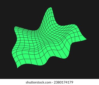 Distorted cyber grid. Cyberpunk geometry element y2k style. Isolated green mesh on black background. Vector fashion illustration.