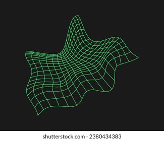 Distorted cyber grid. Cyberpunk geometry element y2k style. Isolated green mesh on black background. Vector fashion illustration.