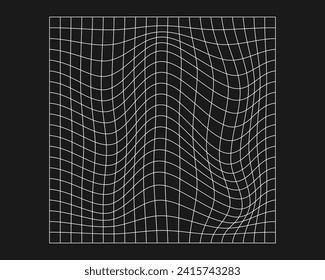 Verzerrtes Cybernetz. Cyberpunk Geometrie Element y2k Stil. Einzeln weißes Maschen auf schwarzem Hintergrund. Vektorgrafik zur Mode.