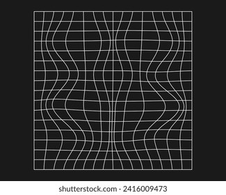Distorted cyber grid. Cyberpunk geometry element y2k style. Isolated white mesh on black background. Vector fashion illustration.