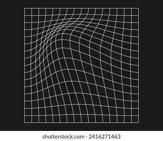 Distorted cyber grid. Cyberpunk geometry element y2k style. Isolated white mesh on black background. Vector fashion illustration.