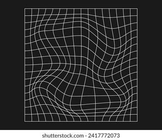 Distorted cyber grid. Cyberpunk geometry element y2k style. Isolated white mesh on black background. Vector fashion illustration.