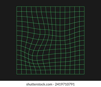 Distorted cyber grid. Cyberpunk geometry element y2k style. Isolated green mesh on black background. Vector fashion illustration.