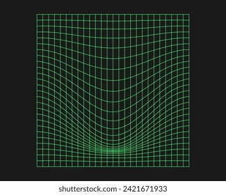 Distorted cyber grid. Cyberpunk geometry element y2k style. Isolated green mesh on black background. Vector fashion illustration.