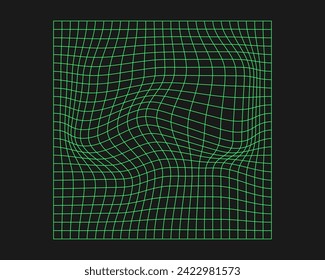 Distorted cyber grid. Cyberpunk geometry element y2k style. Isolated green mesh on black background. Vector fashion illustration.