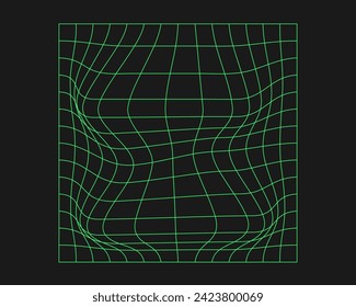 Distorted cyber grid. Cyberpunk geometry element y2k style. Isolated green mesh on black background. Vector fashion illustration.