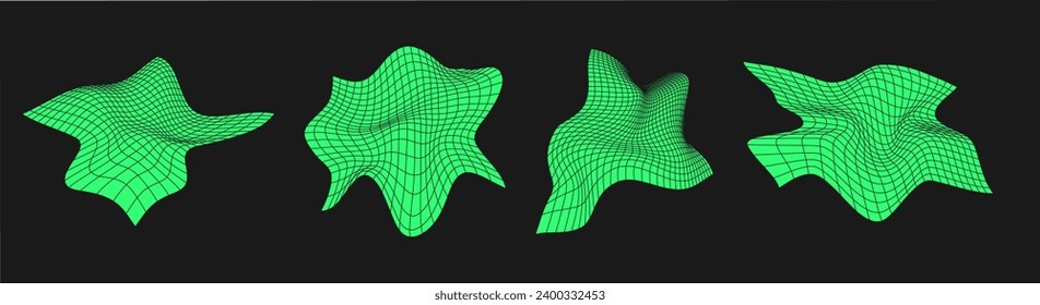 Distorted cyber grids set. Cyberpunk geometry elements y2k style. Isolated green mesh on black background. Vector fashion illustration.