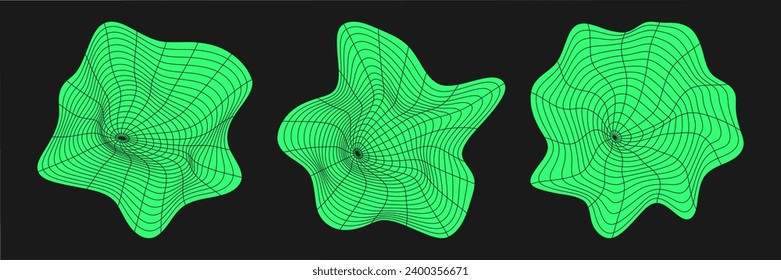 Distorted cyber grids set. Cyberpunk geometry elements y2k style. Isolated green mesh on black background. Vector fashion illustration.