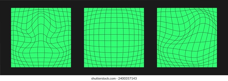 Distorted cyber grids set. Cyberpunk geometry elements y2k style. Isolated green mesh on black background. Vector fashion illustration.