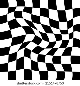 Distorted, deformed grids from checkered pattern. Abstract dynamical warp. Vector square deformation background. Black and white illustration.
