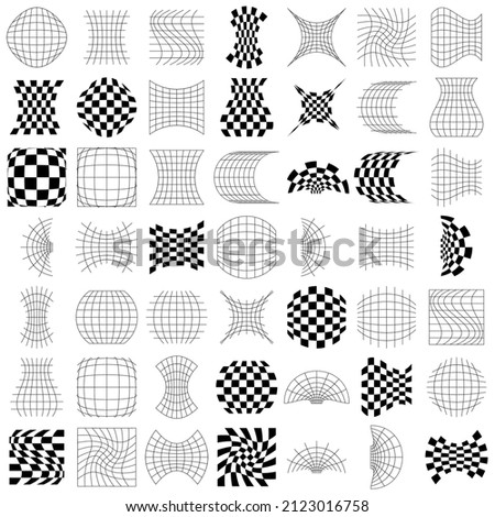 Distorted, deformed grids, meshes, checkerboards. Abstract warp, tweak distortion, deformation effect design elements