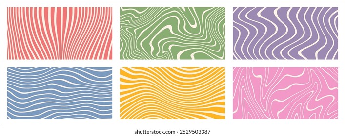 Distorted deformed lines vector striped backgrounds half page banners set. Fluid curved wiggling doodle uneven hand drawn wavy organic stripes waves. Funky ornaments groovy hippie patterns collection