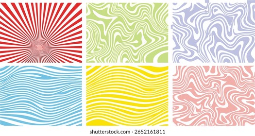 Distorted deformed lines vector striped backgrounds half page banners set. Fluid curved wiggling doodle uneven hand drawn wavy organic stripes waves. Funky ornaments groovy hippie patterns