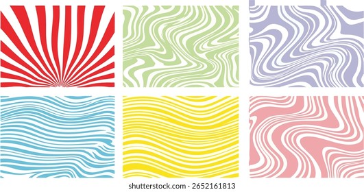 Distorted deformed lines vector striped backgrounds half page banners set. Fluid curved wiggling doodle uneven hand drawn wavy organic stripes waves. Funky ornaments groovy hippie patterns