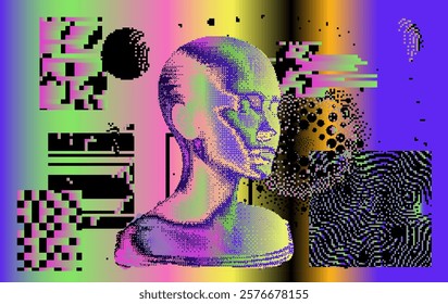 Distorted and disintegrated image of human face made of holographic colorful pixel particles. Retrofuturistic vector illustration for tech and programming themes.
