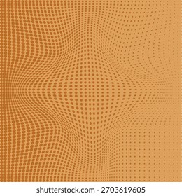 Un diseño de arte de impresión de patrones de puntos distorsionados con deformación ondulatoria sobre un fondo naranja, creando una sensación de profundidad y movimiento.
