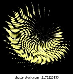 Distorted dotted halftone golden spiral with radial dancing beams. Vector.