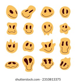 Emoticonos distorsionados emoji amarillento psicodélico goteando sonrisa frunciendo sentimientos furiosos e ilustraciones planas vectoriales. Caracteres cutáneos de caricatura comic expresión facial líquido mascota positiva fusión distorsión