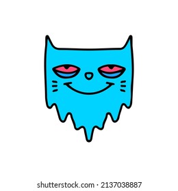 Distorted face cat with red eyes, illustration for t-shirt, street wear, sticker, or apparel merchandise. With doodle, retro, and cartoon style.