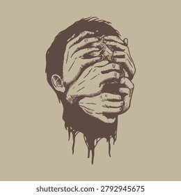 Distorted Face Covered By Multiple Hands Surreal Horror