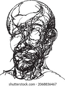 Distorted face experiment, freehand drawn with rough brush  lines in monochrome