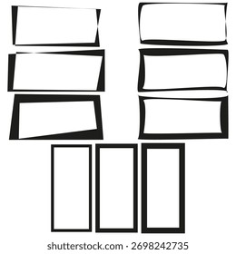 Verzerrte Rahmenränder Handgezeichnete Rechteck-Shapes. Kontur chaotisch Vektor Element Set. Schablone für grobe Skizzen. EPS 10.