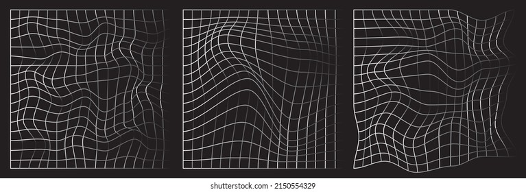 Distorted futuristic neon grid pattern. Abstract glitch background. Set collection. Retrowave, synthwave, rave, vaporwave. Trendy retro 1980s, 90s style. Print, poster, banner.