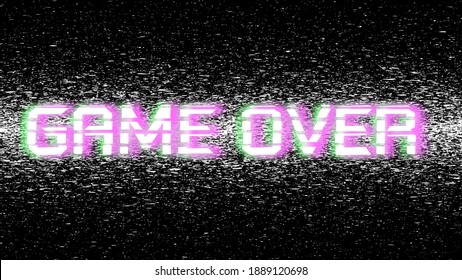 Distorted game over sign on black backdrop. Glitch text on old video template. Retro pixel VHS noise background. Vector illustration.