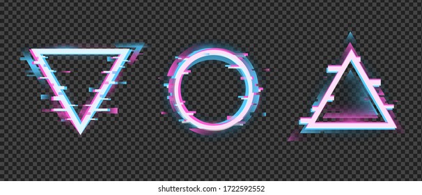 Distorted geometric frame. Color change crash triangular and round frame, white contours are distorted vector pink, blue blurry clipart pixels.