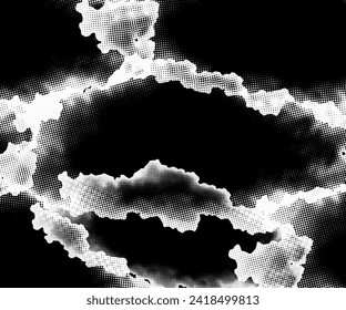 Distorted geometric shape error. Noise destroys logo. Trendy form of handicap error. Problematic frame. Grunge Textured.Vector shape with halftone dotted screen print texture.