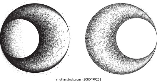 Distorted geometric shape . Minimal art design . Noise destroyed circle logo . Trendy defect error shapes . Glitched frame .Spray effect .Grunge texture . Distressed element .vector 