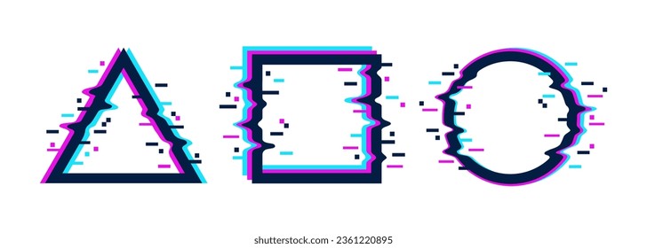 Verzerrte geometrische Formen mit Pixelglitcheffekt. Cyberpunk-Dreieck, Kreis, Quadrat mit optischer Zerfallstäuschung. Säurestruktur ist minimal. Vektorgrafik