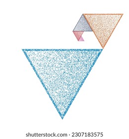 Triángulos geométricos distorsionados. Diseño de arte mínimo. Logo destruido por ruido. Formas de grano a la moda. Gráfica imprimir textura .Spray efecto .Grunge textura. Elemento con problemas .vector 