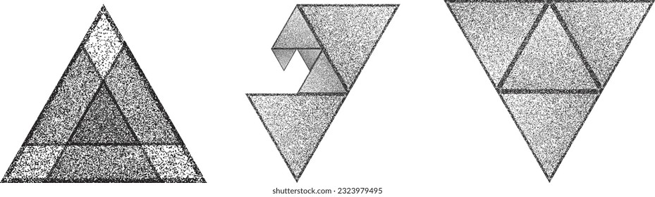 Distorted geometric triangles . Minimal art design . Noise destroyed  logo . Trendy grainy shapes . Graph print texture .Spray effect .Grunge texture . Distressed element .vector 