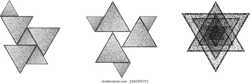 Distorted geometric triangles . Minimal art design . Noise destroyed  logo . Trendy grainy shapes . Graph print texture .Spray effect .Grunge texture . Distressed element .vector 