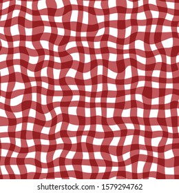 Distorted Gingham Design. Red and white trippy wavy free-spirited psychedelic stripes seamless repeat vector pattern swatch. Modern 1970s inspired ripply checked wave stripe.