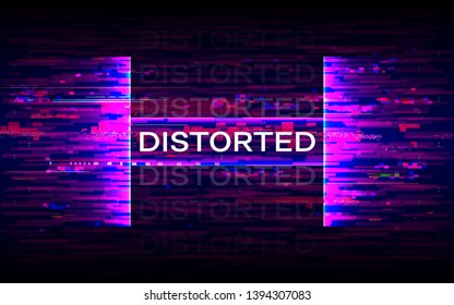 Distorted glitch banner. Dynamic distortion with purple elements. Futuristic poster. Future design template. Color wave on dark background. Colorful horizontal lines. Vector illustration.