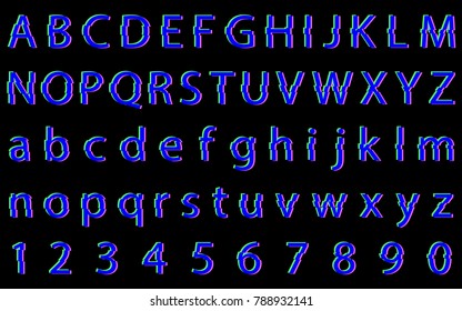 Distorted glitch font. Letters and numbers vector illustration.