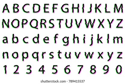 Distorted glitch font. Letters and numbers vector illustration.