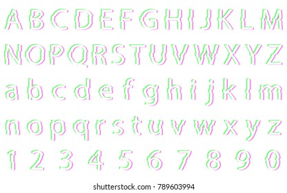 Distorted glitch font. Letters and numbers vector illustration.