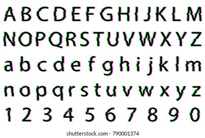 Distorted glitch font. Letters and numbers vector illustration.