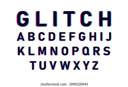 Distorted glitch font typeface letters and numbers. Glitch font with distortion stereoscopic effect. Modern trendy style lettering typeface. Vector illustration.