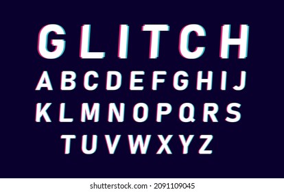 Distorted glitch font typeface letters and numbers. Glitch font with distortion stereoscopic effect. Modern trendy style lettering typeface. Vector illustration.