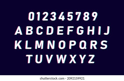 Distorted glitch font typeface letters and numbers. Glitch font with distortion stereoscopic effect. Modern trendy style lettering typeface. Vector illustration.