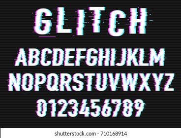 Distorted Glitch Font. Distorted Glitch Typeface. Set Of Letters And Numbers Vector Illustration.